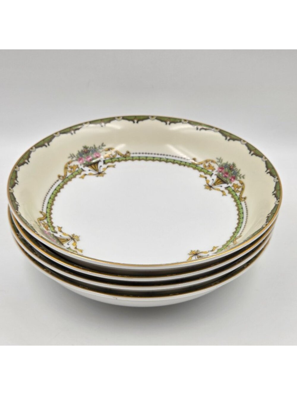 Noritake Penelope Set of 4 Coupe Soup Bowl Green Border Pink Roses Urn Gold Trim - Picture 1 of 4